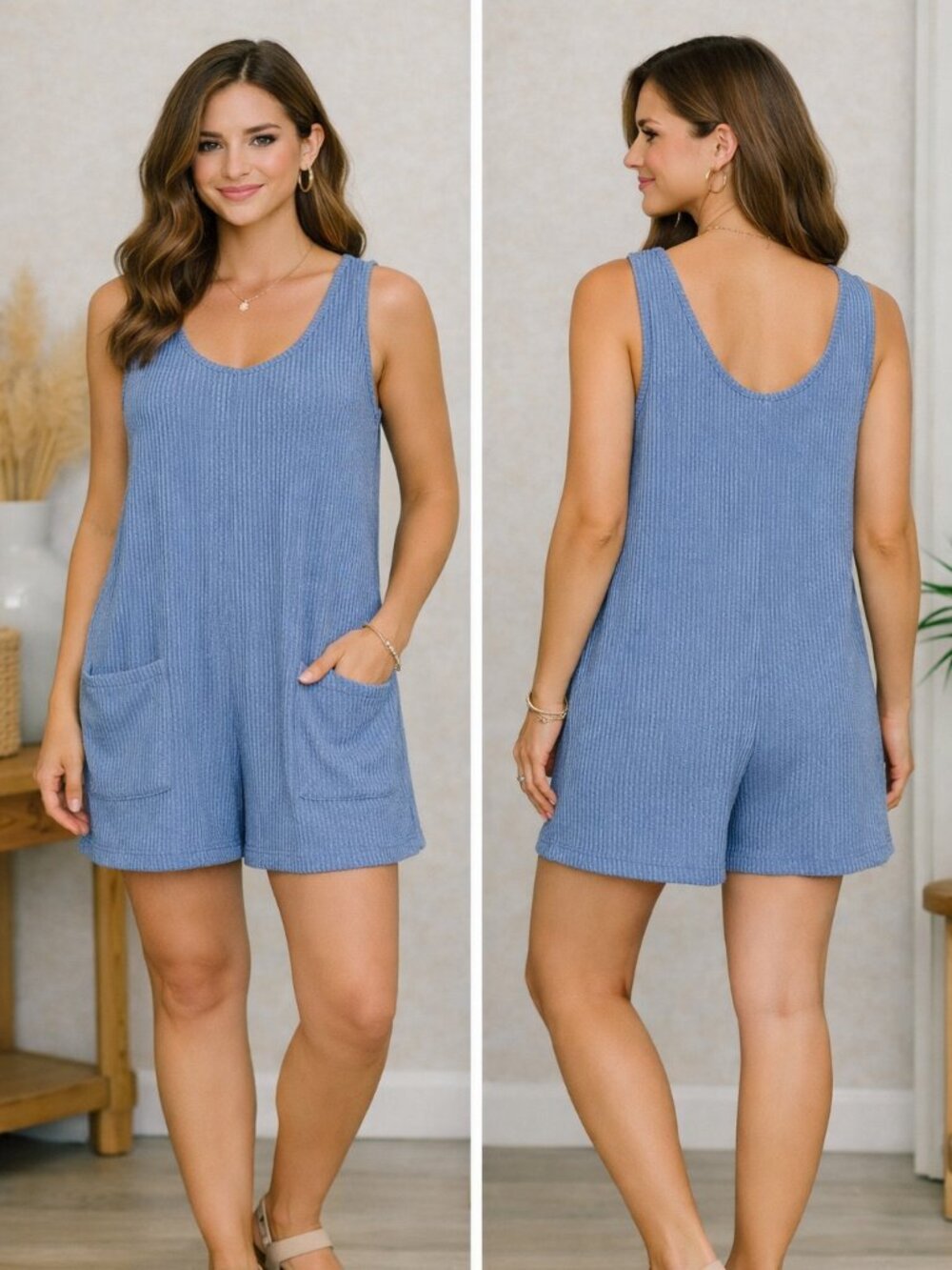 HEIMISH USA Blue Ribbed Romper L NWT Sleeveless Pocket Knit Casual Lounge Summer